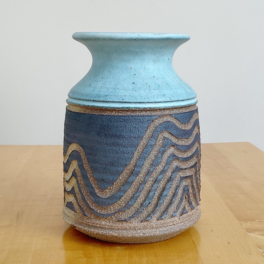 Signed Studio Pottery Vase Blue Gray Carved Wave Hand Thrown 8”